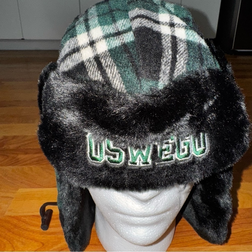 Oswego Green Plaid Trapper Style Hat Green,  White & Black Plaid Wool Ear Warmer